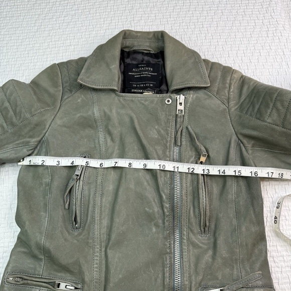 AllSaints Leather Sail Biker Moto Jacket Green Women's Size US 6 NWT Distressed - Picture 11 of 14